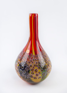 Murano tall red glass vase with Murrine decoration, circa 1990's, original label "Made In Murano Italy", ​37cm high