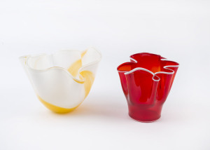 Two handkerchief glass vases, circa 1960's, ​the larger 19cm high, 25cm wide