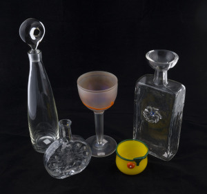 Scandinavian glass decanter, two bottles, KOSTA BODA goblet by Bertil Vallien, and an ORREFORS fruit vase by Gunnar Cyrén, (5 items), the decanter 38cm high