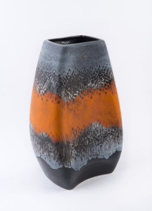 German vintage large pottery vase with indented sides, glazed in orange, brown and cream, circa 1960, impressed "GERMANY, Relief 22/36, ​50cm high, 32cm wide