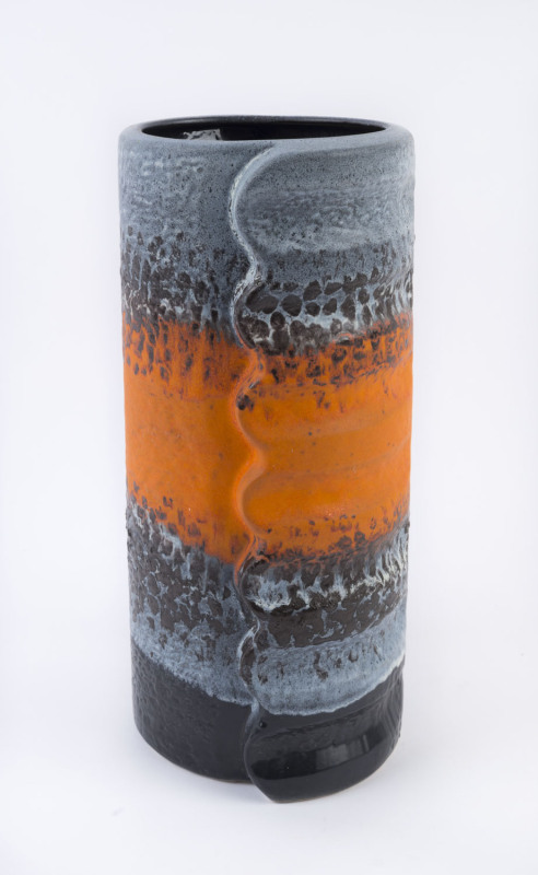 German vintage pottery vase of cylindrical form with ribbed sides, glazed in orange, brown and cream, circa 1960, impressed "GERMANY, Relief 22/36, ​50cm high, 32cm wide