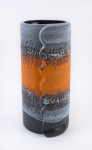 German vintage pottery vase of cylindrical form with ribbed sides, glazed in orange, brown and cream, circa 1960, impressed "GERMANY, Relief 22/36, 50cm high, 32cm wide