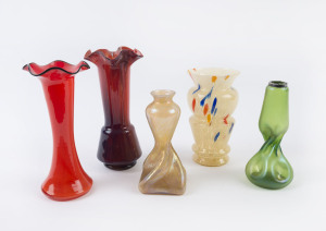 Five Bohemian glass vases including Loetz and "Tango" glass, late 19th and early 20th century, the largest 23cm high