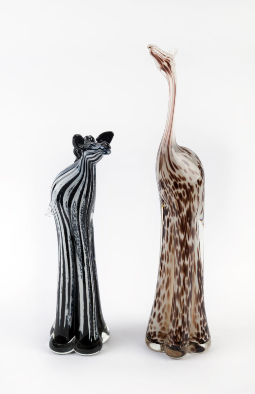 CRYSTAL STUBBS Australian art glass "Giraffe" and "Zebra" statues, circa 2010, (2 items), engraved "C. Stubbs", 39cm and 30cm high. With accompanying Kirra Galleries, Melbourne, documentation.