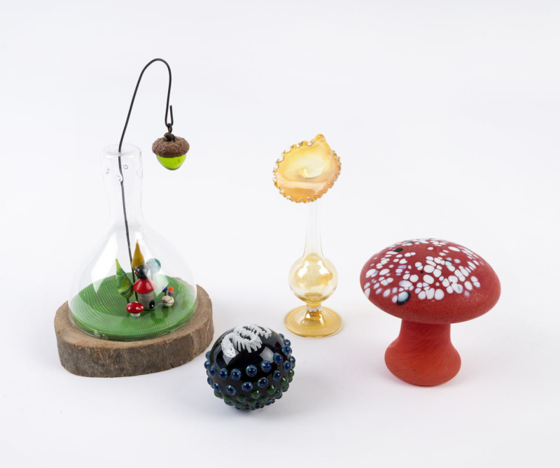 ANDREA McKEY glass diorama, CHRISTIAN ARNOLD glass vase and serpent ball, plus an Australian glass mushroom sculpture, (4 items), the largest 20cm high