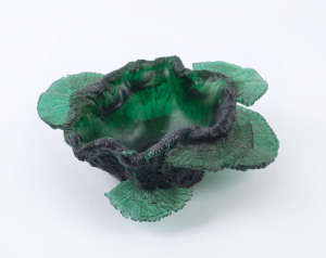 LAURIE YOUNG (attributed), pate de verre green glass leaf bowl, circa 2008, 9cm high, 25cm wide