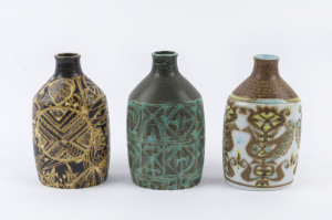 ROYAL COPENHAGEN: Three "Baca" bottle vases by NILS THORSSON for Aluminia, circa 1960's, stamped "Royal Copenhagen, Denmark, Fayance", 17.5cm high