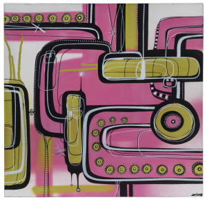 JAY WALKER, untitled street art in pink and green, acrylic on canvas, signed and dated verso "Jay Walker, '08", 46 x 46.5cm
