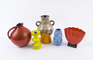 German orange and brown pottery vase, Richard Ginori red and black porcelain vase, German red glazed ceramic jug, English blue glazed porcelain spiral vase, and a Scandinavian yellow glazed incense burner, mid 20th century, (5 items), the largest 25cm high
