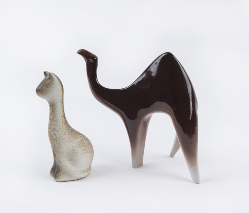 ELLIS pottery cat and a Polish porcelain camel statue, mid 20th century, (2 items), ​16cm and 18cm high