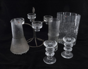 TIMO SARPANEVA and TAPIO WIRKKALA Finnish glass vases, candelabra, jug and candlesticks, for Iittala, (6 items), two vases engraved "T.M." the candlesticks engraved "T.S.", the candelabra 28cm high