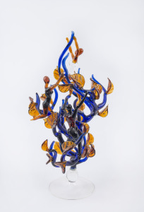 ARTIST UNKNOWN Australian art glass sculpture of figures in a tree, circa 2005, 25cm high