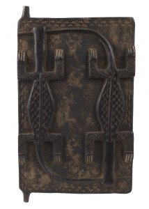 A Boule door panel with carved crocodile design, Ivory Coast, Africa, 50 x 29cm