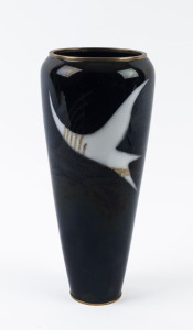 ANDO Japanese wireless cloisonne vase with abstract birds in flight on black ground with gold rim and foot, Showa period, Ando mark to base, 28cm high