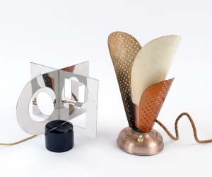 A vintage 1950's anodised metal table lamp, together with a vintage revolving ornament, circa 1970's, (2 items), 29cm and 19cm high