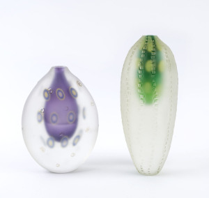 Two heavy Sommerso glass vases with frosted finishes, one with Murrines, (2 items), engraved signatures (illegible), 30cm and 24cm high