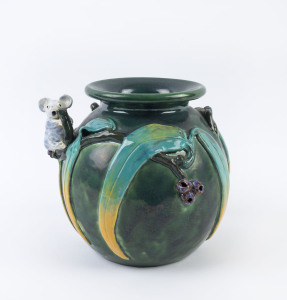 DAVID C. LYONS Australian pottery vase with applied koala, gumnuts and leaves, circa 2000, incised "D.C. Lyons, Australia", 19cm high