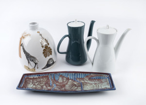 Two porcelain coffee pots, a pottery serving tray dish and a designer porcelain vase, mid and late 20th century, (4 items), Danish, English and German, ​the vase 25cm high