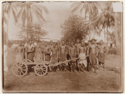 GERMAN NEW-GUINEA: circa 1912 group of 7 original images, several annotated in German on reverse; also one from Vanuatu. One titled "Herbertshohe, d. 19.II.1912", another "Neu Mecklenburg" and another "Polizeisoldaten transportieren Banholz, Herbertshohe