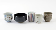 SHIGEO SHIGA pottery tea bowl and four pottery teacups, (5 items), impressed and signed marks, the bowl 13cm diameter