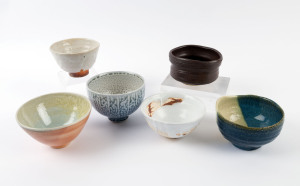 Six assorted Australian studio pottery tea bowls, the largest 9.5cm high, 14cm diameter