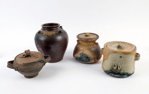 Australian studio pottery vase with four lug handles together with three lidded pots, (4 items), the vase 22cm high