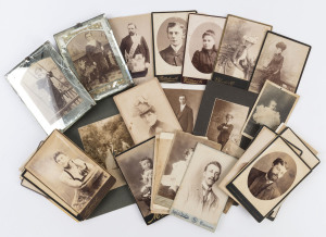 CABINET CARDS, ETC.: A collection of mainly Victorian cabinet card portraits, c.1880s - 90s. Photographers noted include Johnstone O'Shannessy (Melb.), Richards (Ballarat), Bardwell (Melb.), Yoeman (Ballarat & Richmond), Bloustein (Ballarat), Hardie (Ballarat), Stewart (Melb.), Waddington (Melb.), Bartlett (Sandhurst), Tuttle (Melb.), Flegeltaub (Ballarat), Marks (Carlton), also a few N.Z., Tas., and exterior images. Also, several non-cabinet size pics. (37 items).