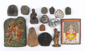 Fifteen assorted Indian figures and painting, carved wood, stone, glass, and ceramics, 19th and 20th century, the largest 15.5cm high