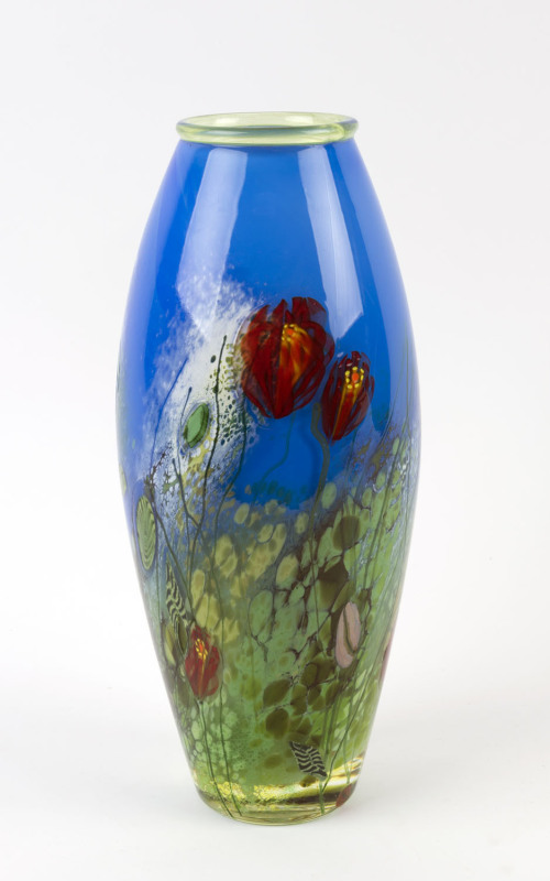 JONATHON WESTACOTT Australian art glass vase, engraved "Jonathon Westacott, Baratah, 982", 47.5cm high