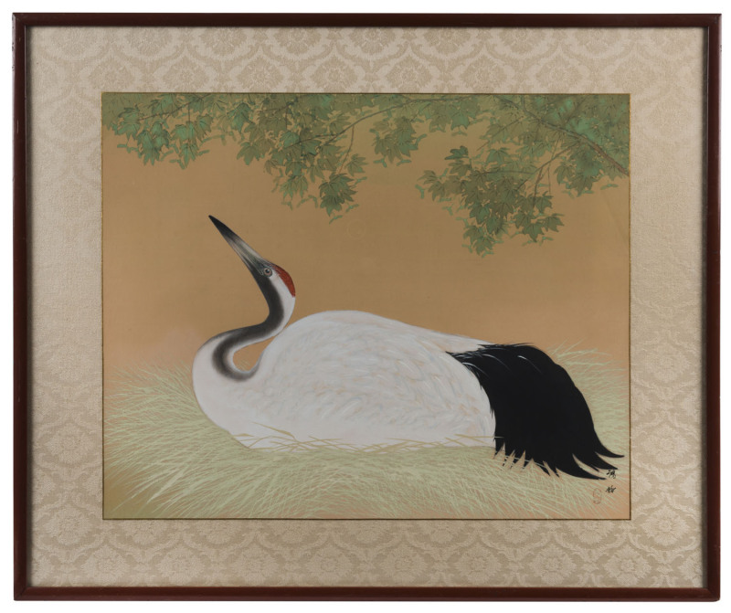 A Japanese watercolour painting of a crane with silk mount in lacquered frame, seal mark lower right, 51 x 62cm, frame 71 x 83cm overall