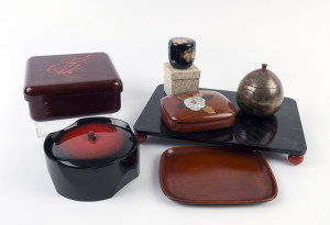 Japanese lacquer ware tray, four lidded boxes and dish, (7 items), the tray 35cm wide,