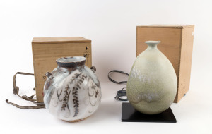 Two Japanese ceramic vases in original timber boxes, 29cm and 24cm high