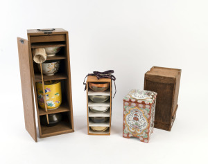 Japanese tea ceremony set in wooden box, sectional porcelain bento box in wooden box and set of four pottery tea bowls in original card box, (boxed 3 items), the largest box 54cm high