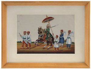 An Indian painting on paper of a Maharaja on horseback with attendants, 19th/20th century, 10 x 14.5cm