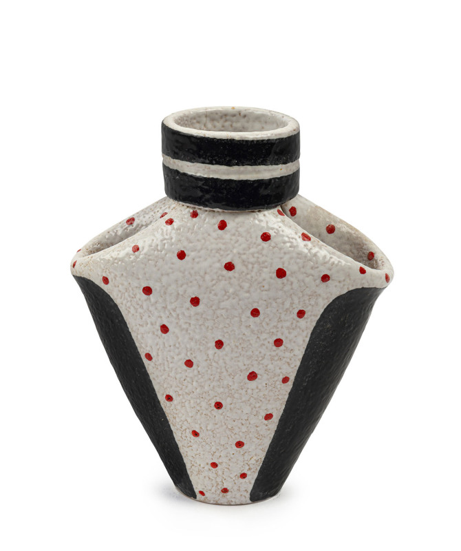 An Italian vintage pottery vase glazed in black and white with red polka dots, circa 1950, signed "Italy, 646/101", ​21.5cm high