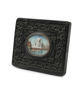Anglo-Indian miniature painting of the Taj Mahal on ivory in original carved frame, early to mid 19th century, 7 x 8cm overall