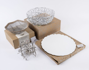 ALESSI candle holder, tray and two baskets, late 20th early 21st century, (4 items), three with original boxes, the tray 30cm diameter