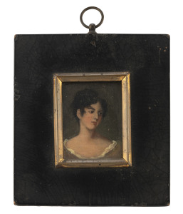 A Regency miniature portrait of a lady, painted on copper, original ebonized frame, circa 1820, 13 x 12cm overall