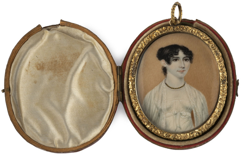 A Regency miniature portrait of a lady, painted on ivory in fine pinchbeck mount, circa 1820, 7cm high overall