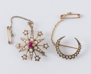 Two antique 9ct gold brooches with seed pearls and garnet, 19th century, star brooch 4cm across, 8 grams total