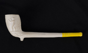 A scarce clay pipe that depicts John L Sullivan and Jem Smith on opposite sides of the bowl. The pipe was likely made in anticipation of the highly touted contest between the two in 1887. Sullivan had travelled from the US with the hope of fighting the En