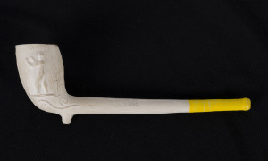 A scarce clay pipe that depicts John L Sullivan and Jem Smith on opposite sides of the bowl. The pipe was likely made in anticipation of the highly touted contest between the two in 1887. Sullivan had travelled from the US with the hope of fighting the English champion, Smith. In Sullivan's own words he was 'blackguarded' out of the fight, and Smith went on to fight Jake Kilrain in France. A very rare piece featuring two legends of the bare knuckle era. 13cm long.