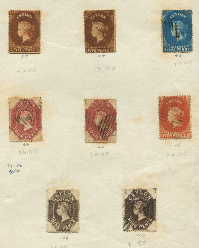 CEYLON: 1861-66 QV selection with Star Wmk 1d dull blue, Rough Perf 4d rose-red (2), Intermediate Perf 5d chestnut mint & used, 10d vermilion P12½, Crown CC 9d sepia mint & used; some toning issues, Cat £800+; housed within c.1940s Wilfred H. Butcher (Mel