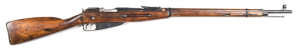 RUSSIAN MOSIN-NAGANT MODEL 1891/30 INFANTRY RIFLE: 7.62x54; 5 shot mag; 27.75" barrel; g. bore; std sights, rod & bands; Soviet hammer & sickle mark, IZNEVKS Arsenal stamp & 1942 date to the breech; g. profiles & clear markings; vg blacked military finish