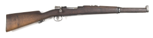 SPANISH MOD.1895 MAUSER B/A CARBINE: 7x57; 5 shot mag; 17" barrel; g. bore; std sights, swivels, turned down bolt with faint crest, OVIEDO & 1913; slight wear to profiles; blacked finish to barrel, receiver & fittings; bolt in the white & re-numbered to m
