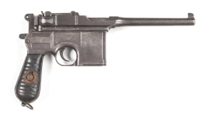 GERMAN C96 MAUSER S/A SERVICE PISTOL: 7.63 Cal; 10 shot box mag; 140mm (5½") barrel; p. bore; std sights with rear sight graduated 50-1000; std Mauser address to the breech & rhs of action; wear to profiles; clear address & markings; patchy grey finish to