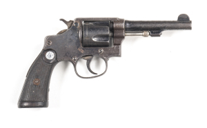 SMITH & WESSON REGULATION POLICE C/F REVOLVER: 38 S&W; 6 shot fluted cylinder; 102mm (4") round barrel; g. bore; std sights, barrel address & patent dates; S&W trade mark to lhs of frame; g. profiles & clear markings; thin blue & grey finish to all metal;