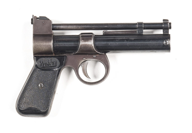 WEBLEY JUNIOR AIR PISTOL: 177 Cal; s/shot; 153mm (6") barrel; g. bore; std sights, barrel address & markings; vg profiles; clear address & markings; retaining 75% original blue finish; vg Webley vulcanite chequered grips; all complete; gwo & vg cond. #179