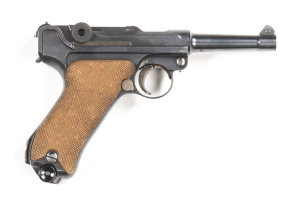 GERMAN D.W.M. COMMERCIAL 1906 LUGER S/A PISTOL: 7.65; 8 shot mag, being a post war replacement; 96mm (3¾") tapered barrel; g. bore; std sights; D.W.M. to toggle; sharp profiles & markings; retain 98% orig blue finish, straw colouring to relevant areas; vg
