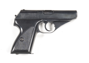 MAUSER HSC S/A POCKET PISTOL: 7.65; 8 shot mag; 85mm (3¼") barrel; g. bore; std sights; pistol has had a re-blue finish resulting with most of the original slide markings are absent; g. black plastic grips; gwo & f to g cond. #46707 Post '47 L/R